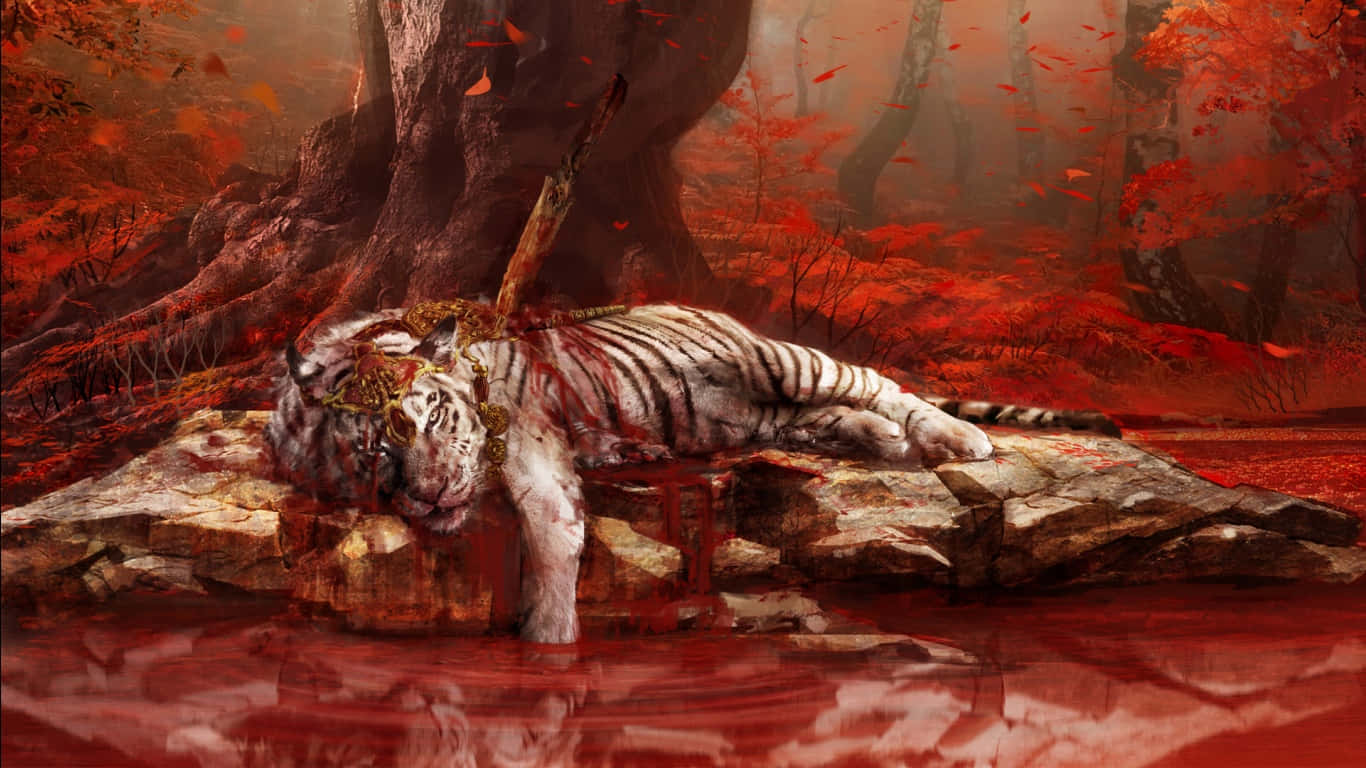 1366x768 Far Cry 4 پس منظر خونی مرتا ہوا شیر وال پیپر