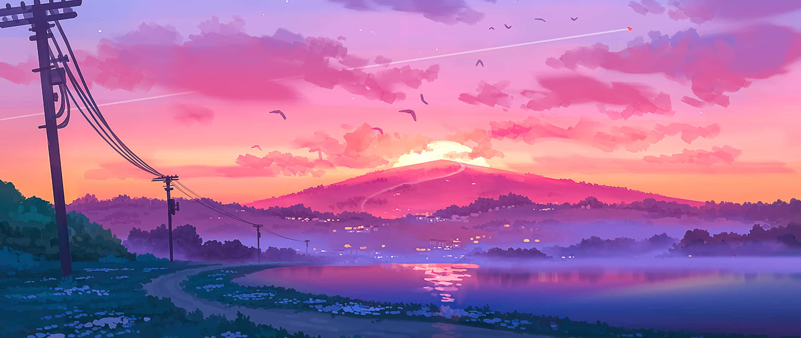 انیمے سن سیٹ ایستھیٹک آرٹ 2560x1080 وال پیپر