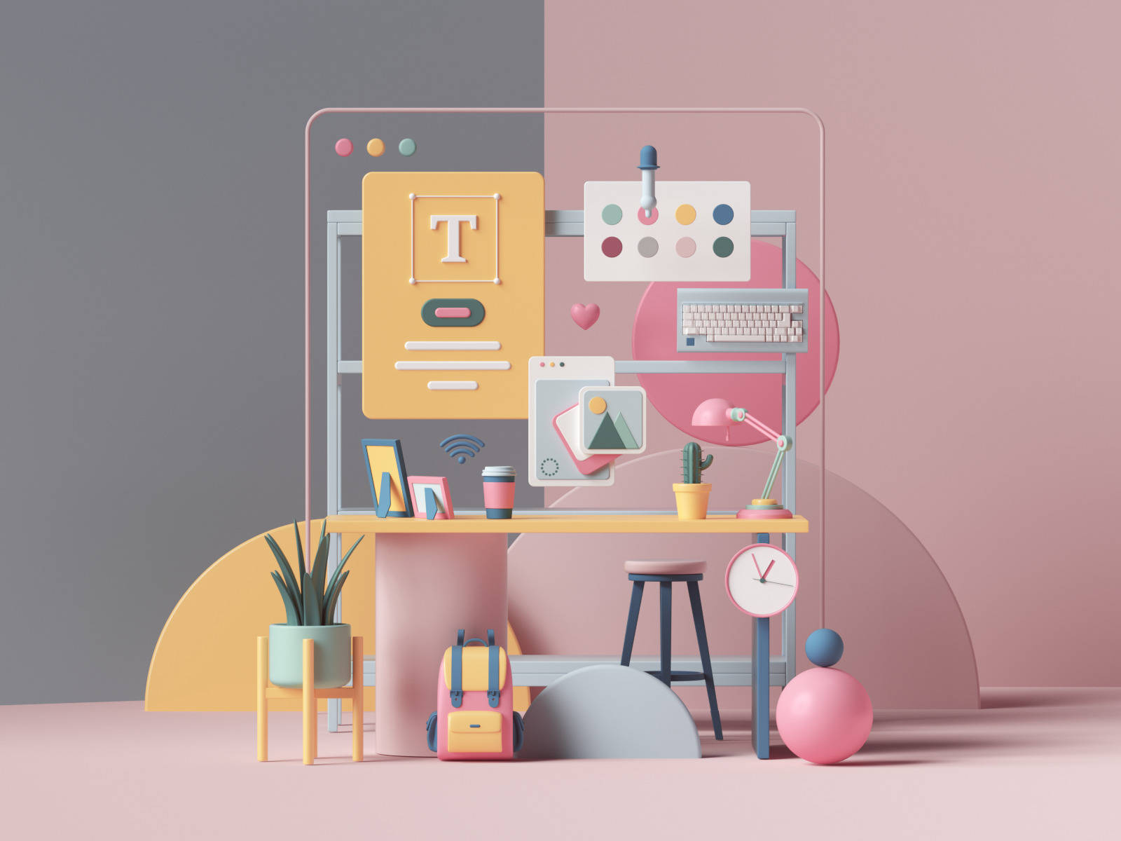 خوبصورت 3D فون پیسٹل آفس سیٹ اپ میں وال پیپر