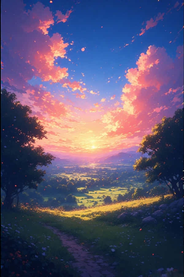 اینیم سورج غروب دیہی منظر خوابناک شاداب 4K وال پیپر