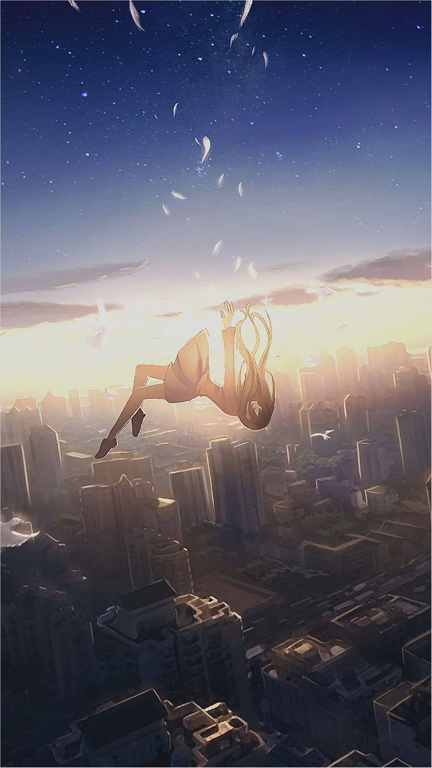 4K Anime iPhone شہر میں گرتی ہوئی لڑکی