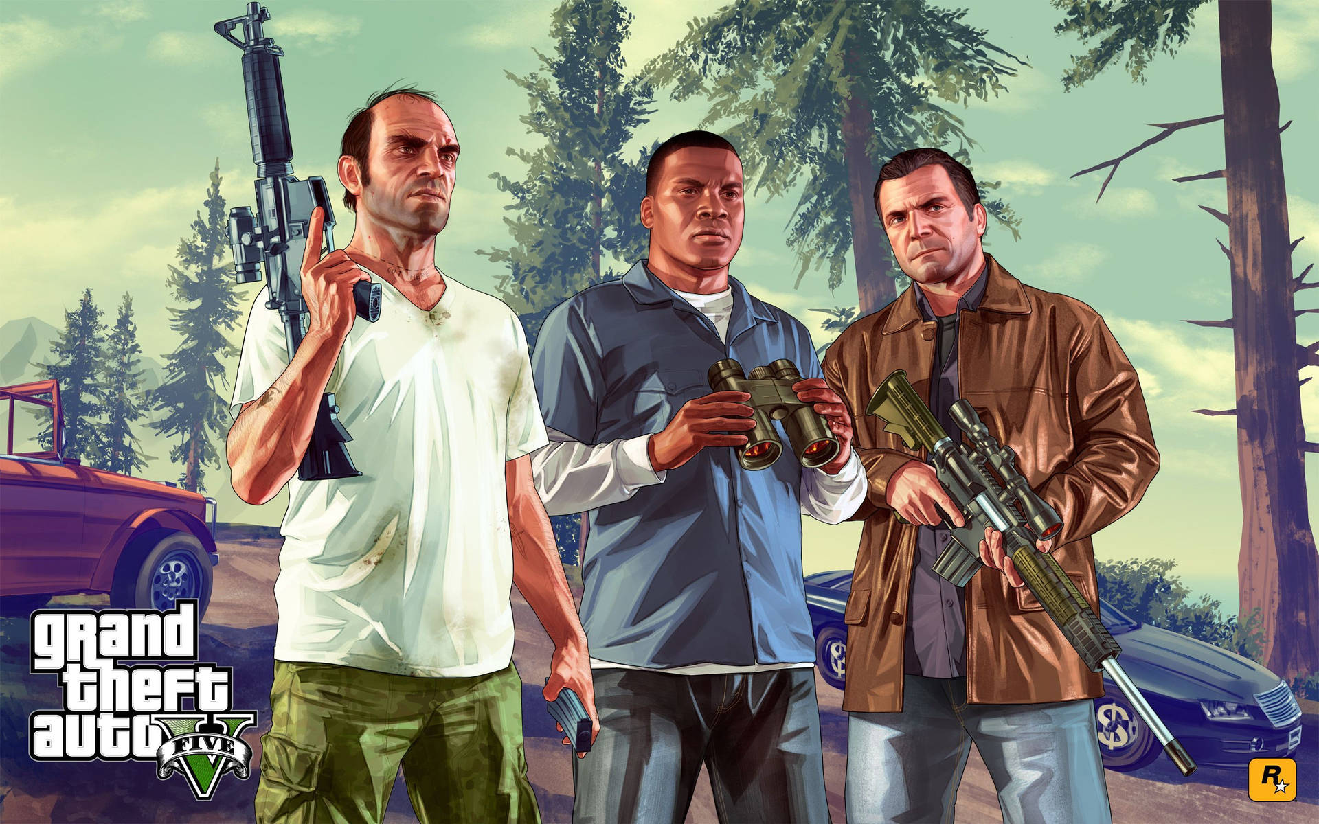 4K GTA 5 Trevor Franklin Michael بندوقوں کے ساتھ — جی ٹی اے وال پیپر