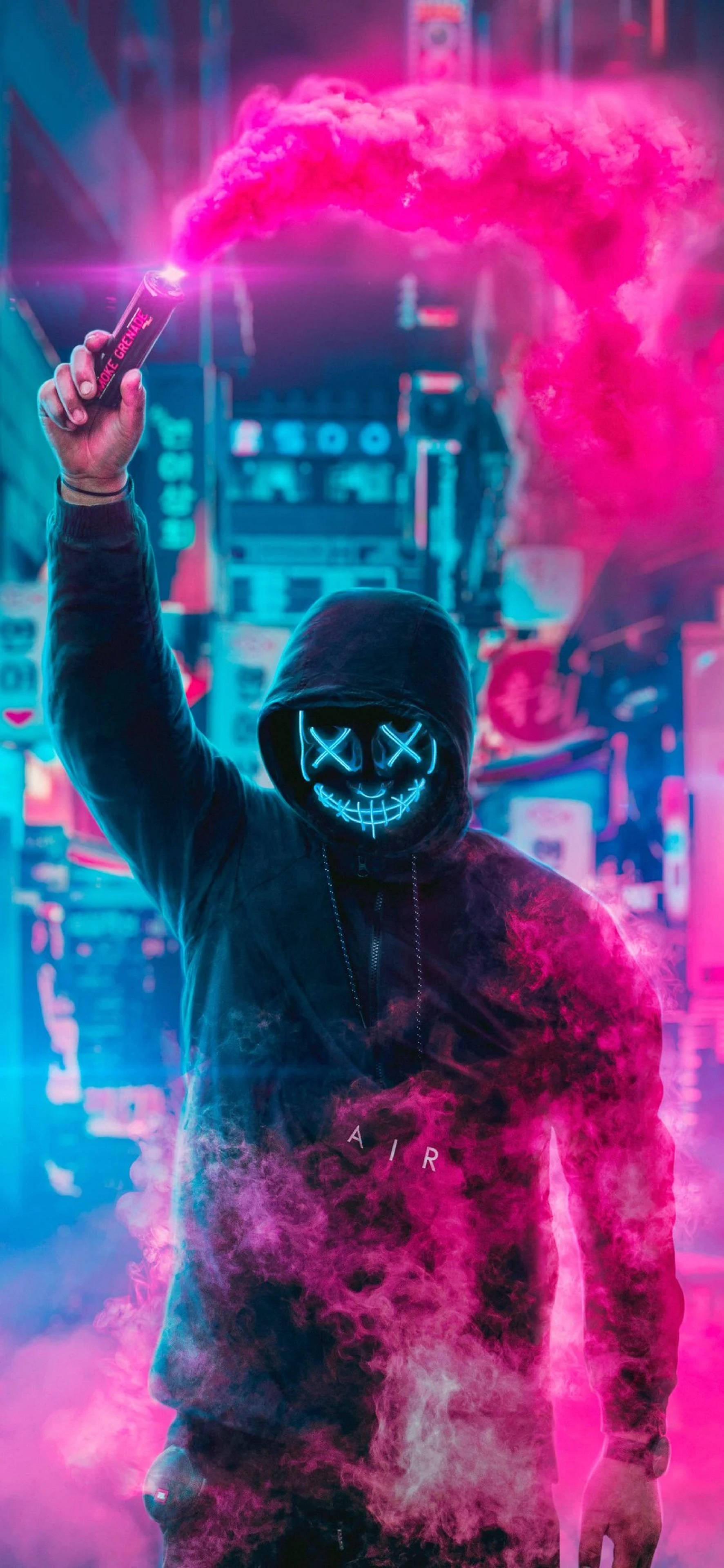 4K نیون آئی فون نقاب پوش شخص دھوئیں کی بوتل کے ساتھ وال پیپر