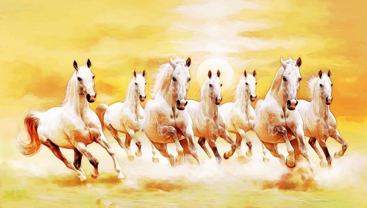 7 سفید گھوڑے سنہری سورج وال پیپر