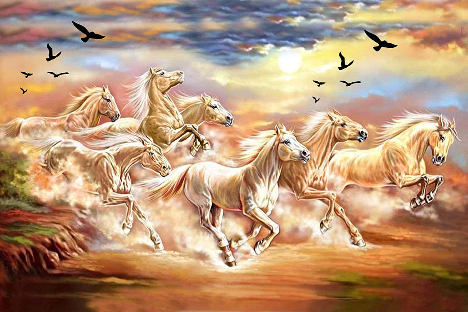 7 سفید گھوڑے سیاہ پرندوں کے ساتھ وال پیپر