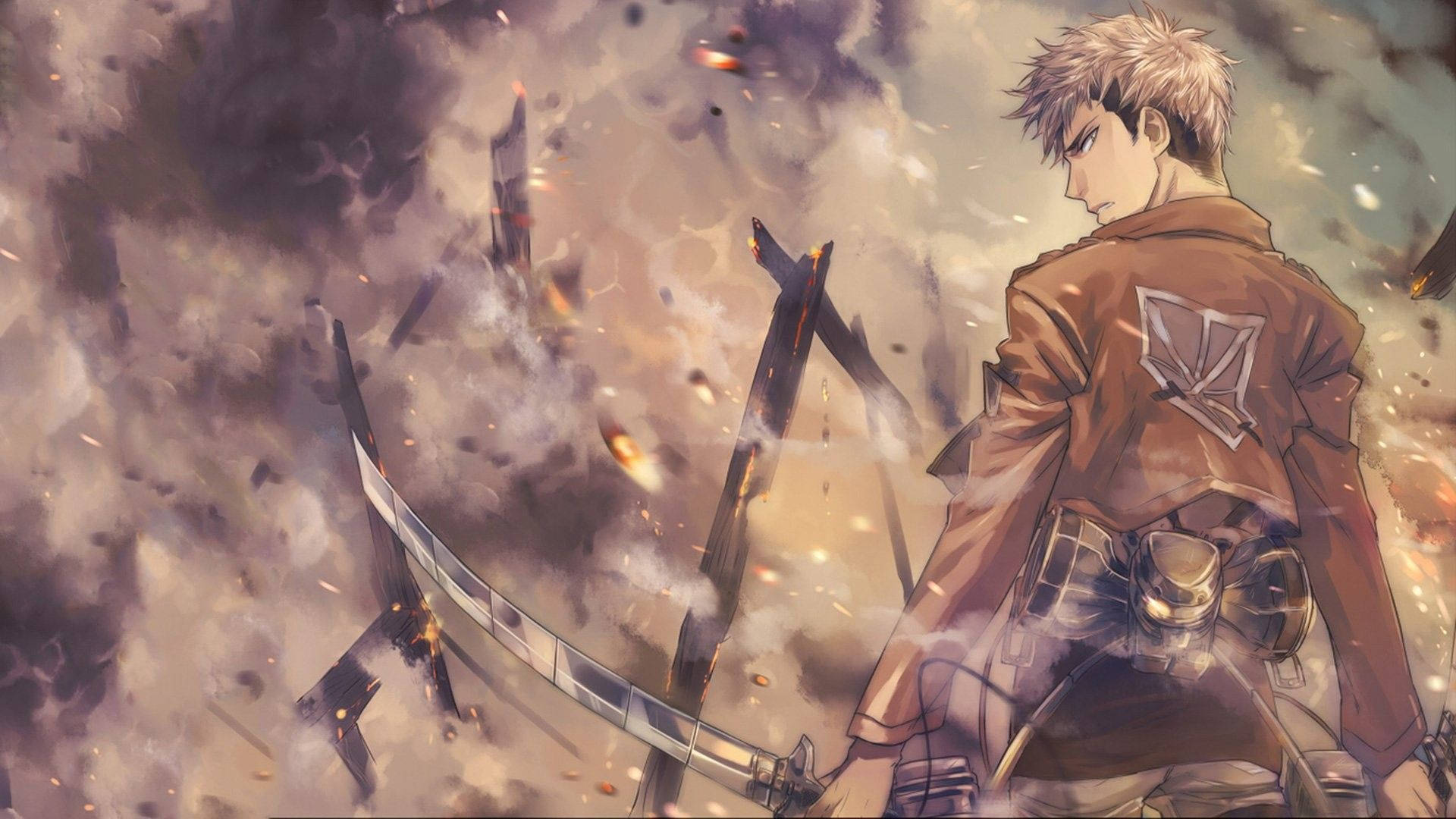 Attack On Titan فین آرٹ وال پیپر میں جین کرسٹین اپنے ٹریننگ کورپس یونیفارم میں اُڑتے دھوئیں کے درمیان۔