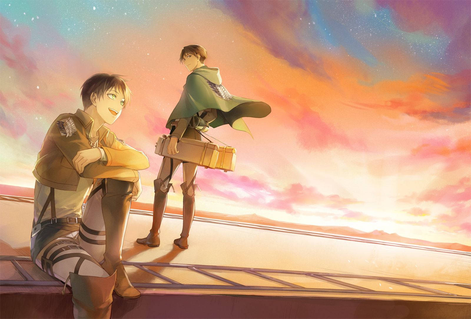 Attack On Titan جمالیاتی وال پیپر میں ایرن اور لیوی دیوار کے اوپر وقت گزار رہے ہیں۔