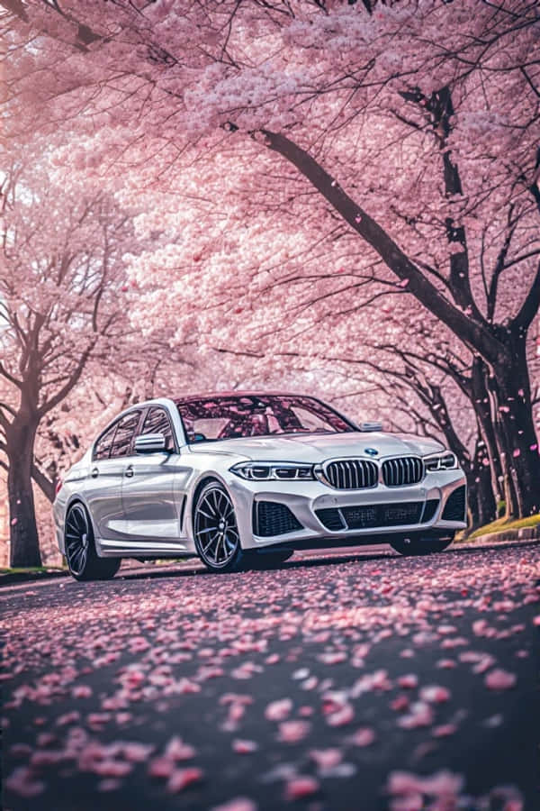 چیری کے پھولوں کے نیچے خوبصورت بہار کی چمکدار سفید BMW وال پیپر
