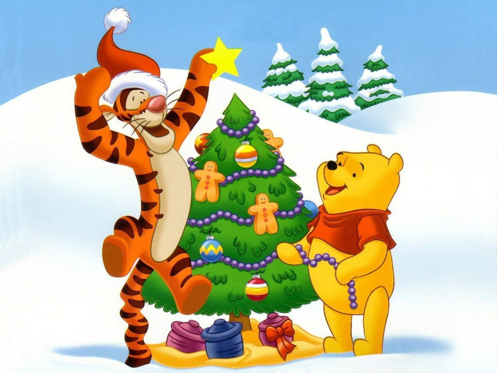 Disney Winnie The Pooh کرسمس ٹری سجا رہے ہیں وال پیپر