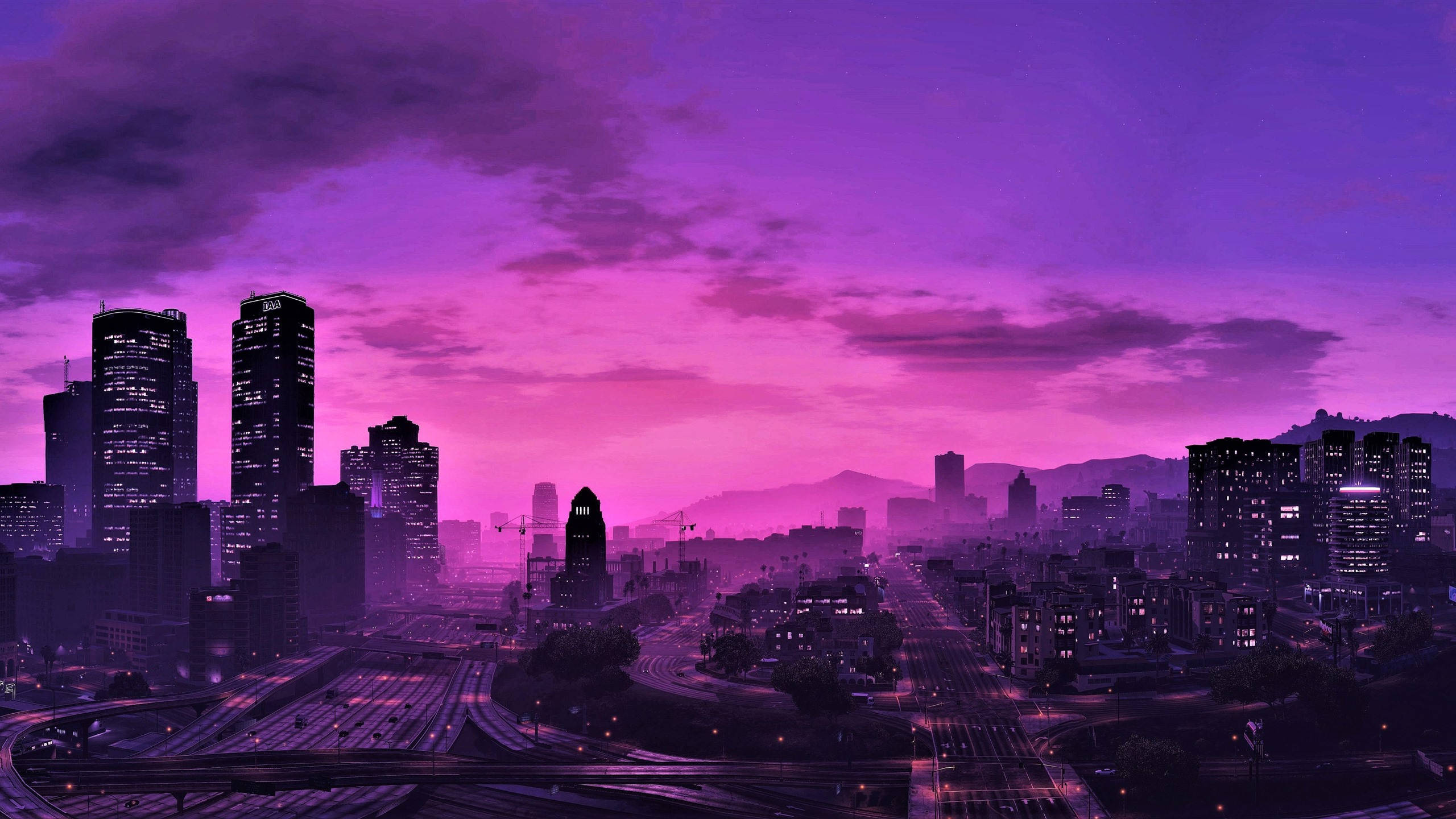 GTA 5 2560x1440 رات کا جامنی آسمان وال پیپر