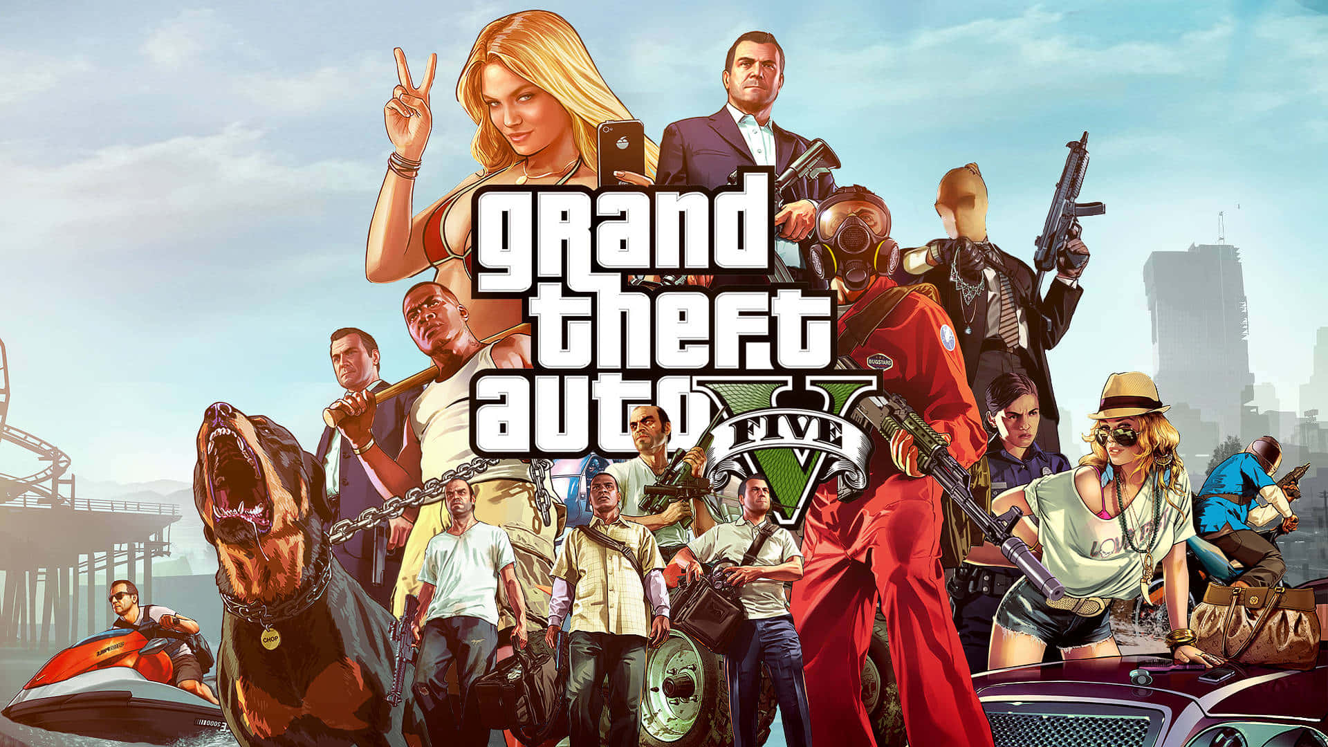 GTA بیک گراؤنڈ گرینڈ تھیفٹ آٹو فائیو لوڈنگ اسکرین کریکٹرز وال پیپر