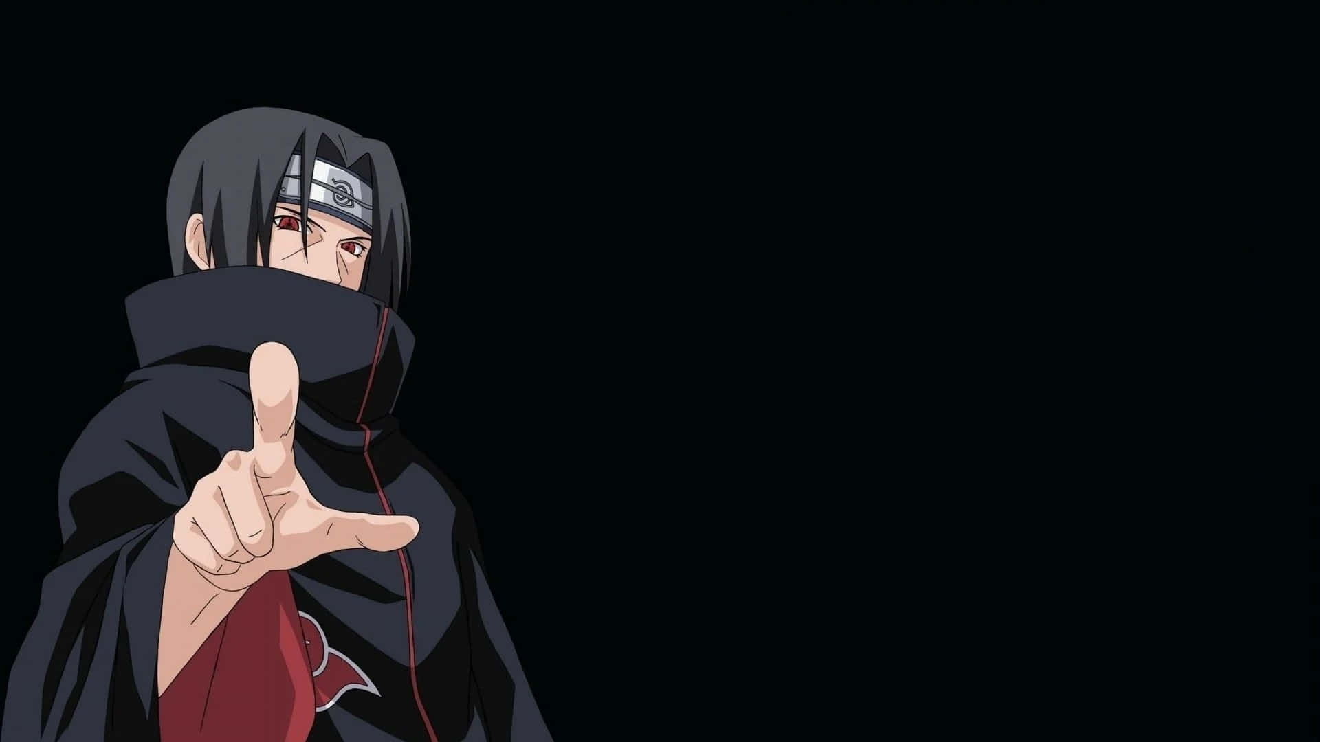 Itachi جمالیاتی انگلی سے سامنے کی طرف اشارہ کرتا ہوا سیاہ پس منظر میں — ناروتو وال پیپر