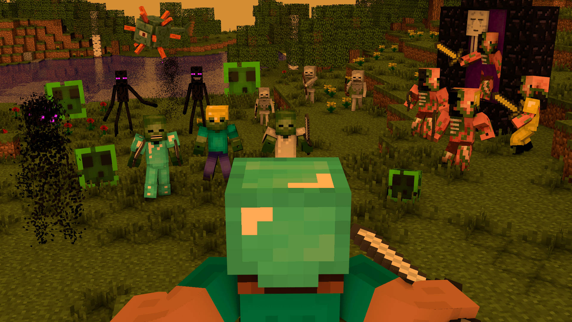 Minecraft مرکزی کردار ولن میدان میں لڑتے ہوئے والیپپر