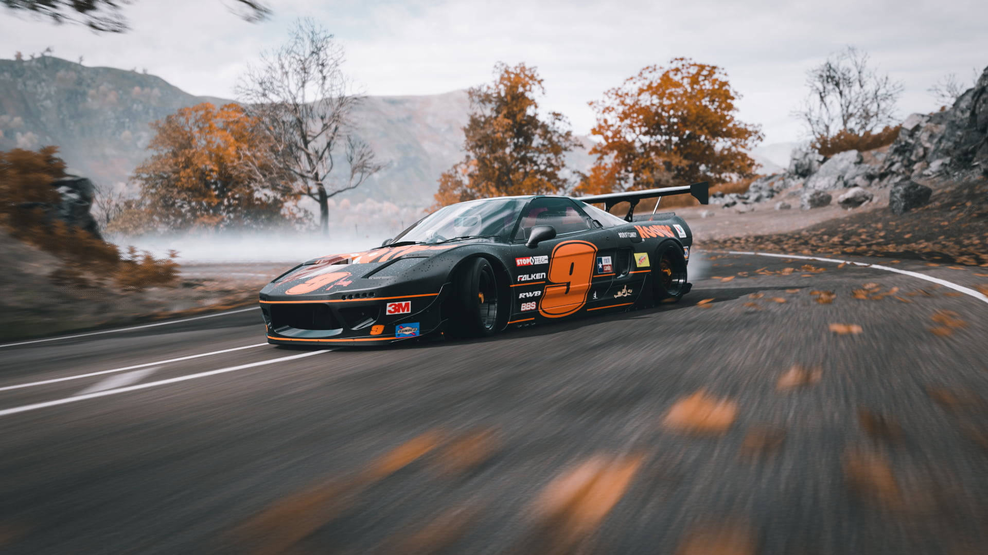 کیپشن: ڈرفٹ ریسنگ میں شاندار اورنج اور بلیک ہونڈا NSX کی کارکردگی وال پیپر