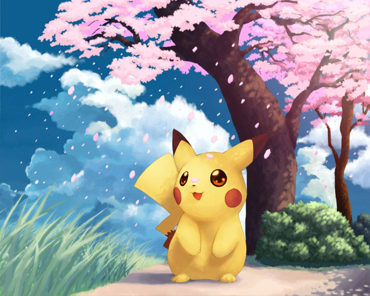 چیری کے پھولوں کے درمیان Pikachu وال پیپر