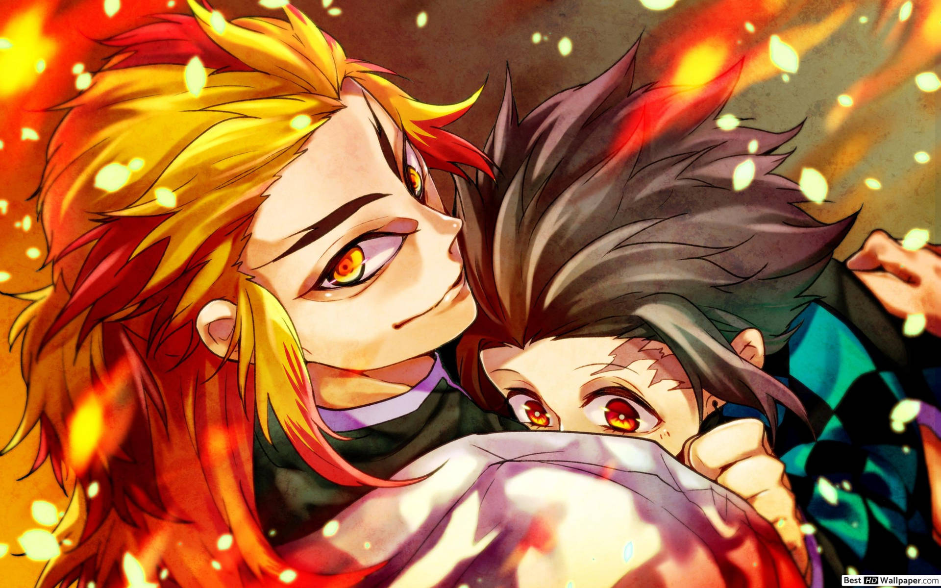 Rengoku اور Tanjiro - ڈیمن سلیئر کردار برائی کے خلاف لڑ رہے ہیں وال پیپر