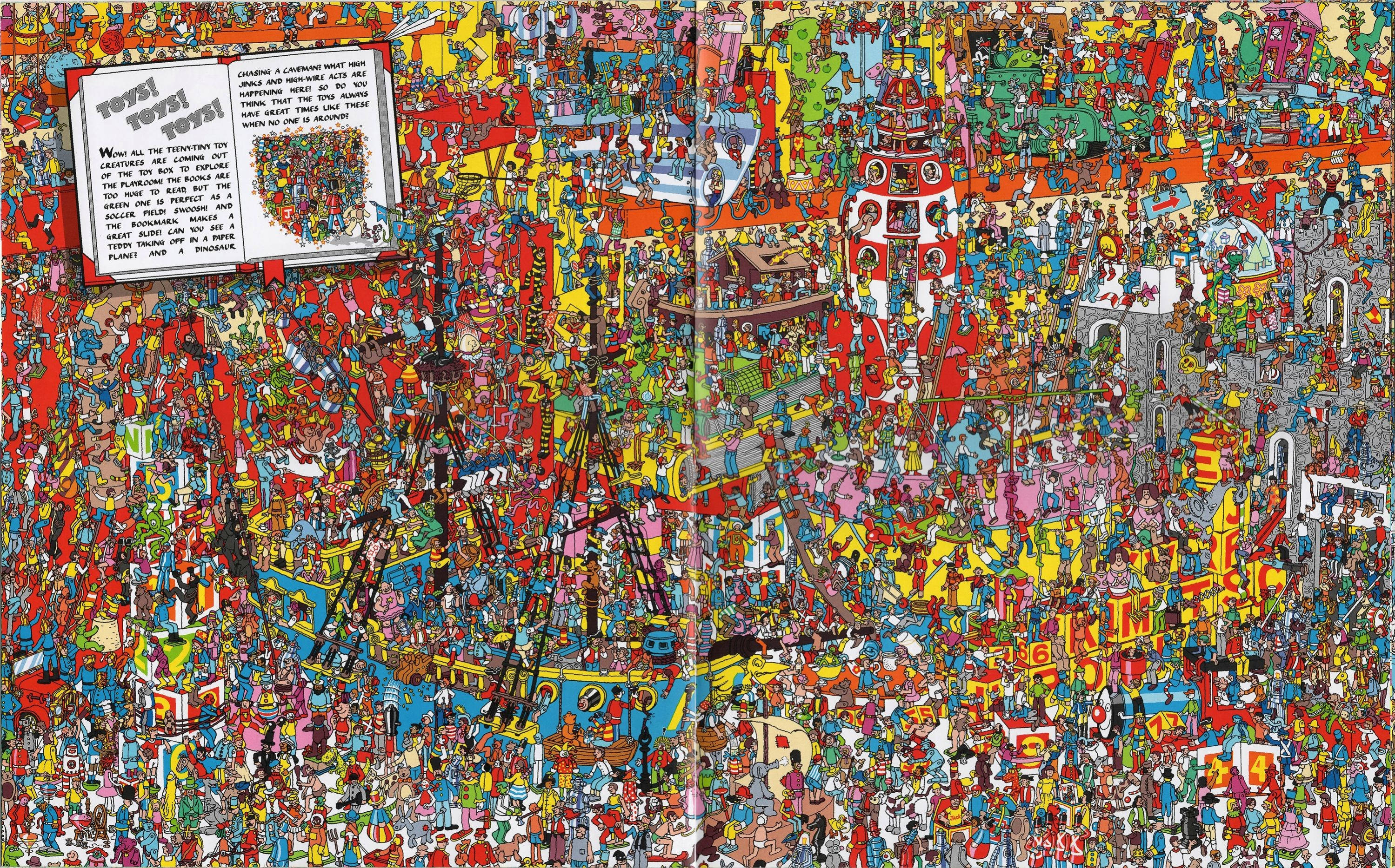Where's Waldo کا ایک متحرک اور دلچسپ منظر جس میں چھوٹے کھلونوں کی مخلوقات ہیں، جو ایک دلکش تلاش کے سفر کا آغاز کرتی ہیں۔ وال پیپر