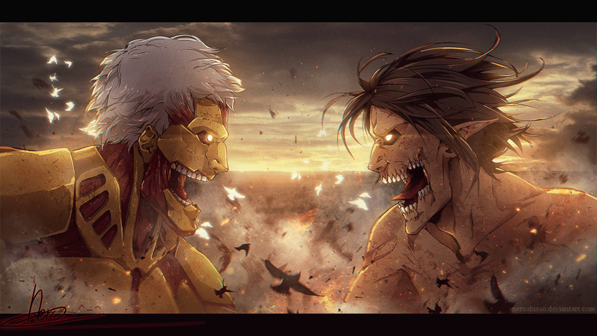 Attack On Titan وال پیپر میں شگنشینا کی جنگ میں آرمرڈ ٹائٹن کا اٹیک ٹائٹن کا سامنا