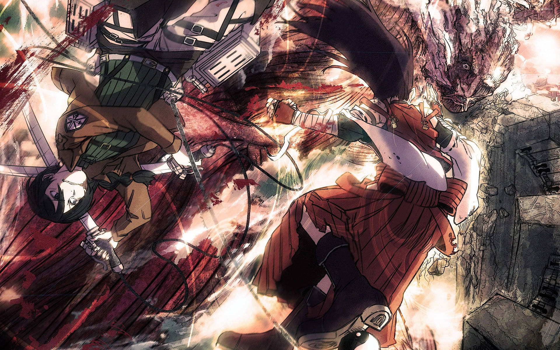 Attack On Titan فین آرٹ وال پیپر میں میکاسا ایکرمین بھاپ چھوڑتے کولاسل ٹائٹن سے لڑ رہی ہیں