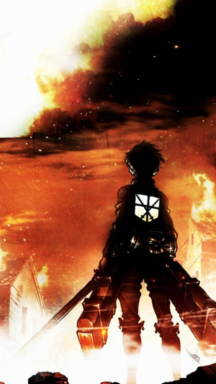 Attack On Titan وال پیپر میں ایرن یاگر کا پچھلا منظر جس میں دھواں اور آگ اُڑ رہی ہے۔