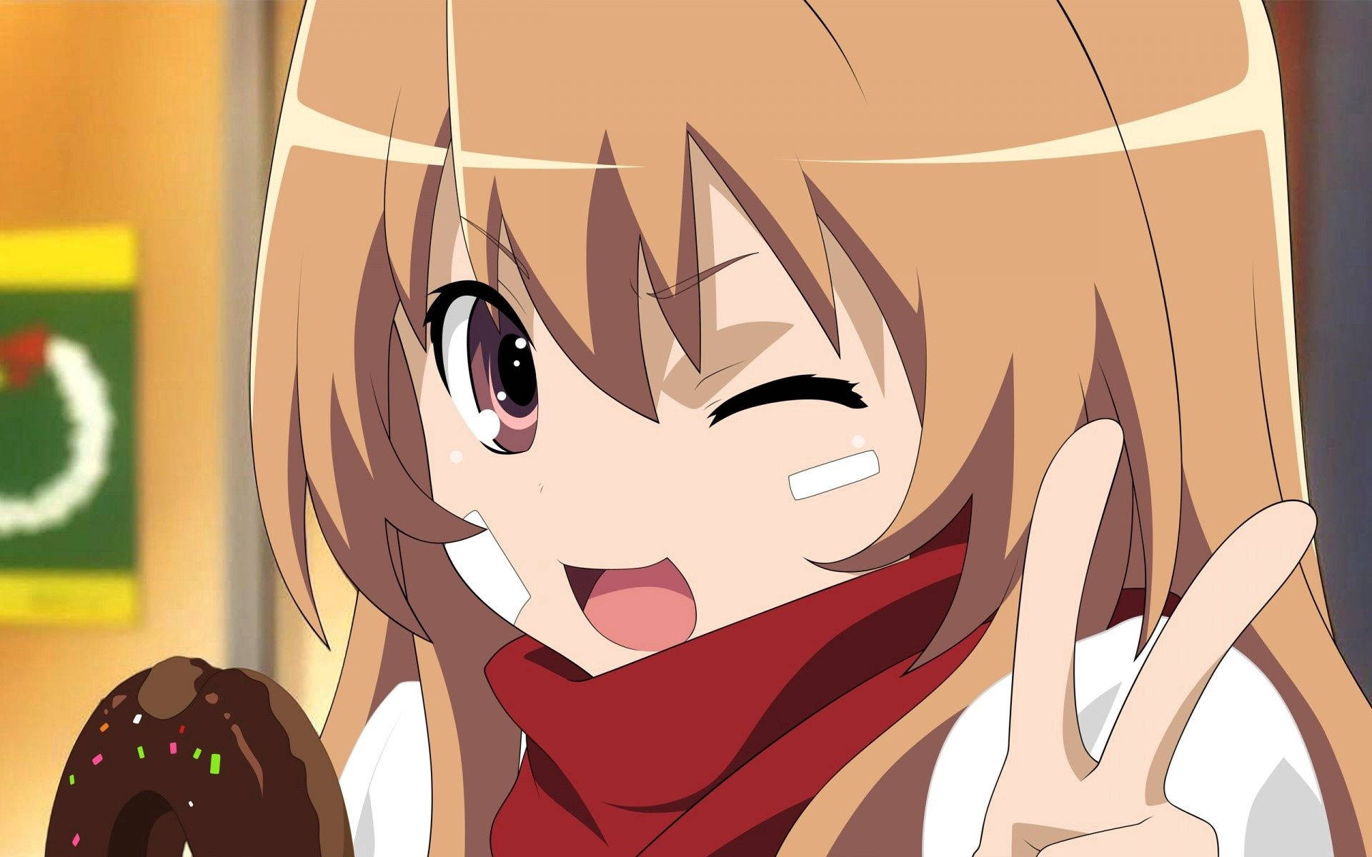 Toradora سے ٹائیگا آئیساکا کی امنگ کی علامت کے ساتھ سیلفی تصویر وال پیپر