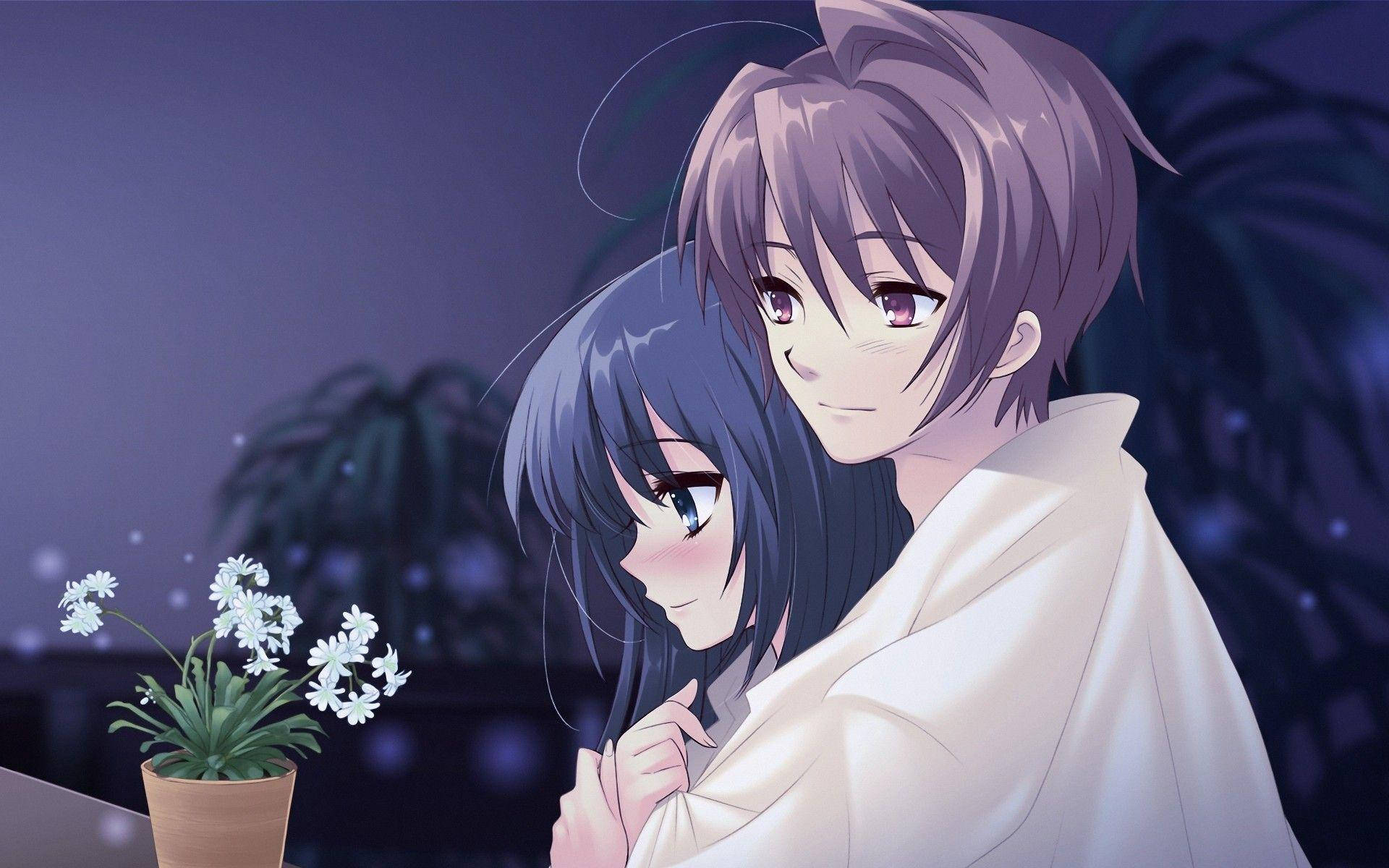 اینیمے جوڑے کا کمبل میں گلے ملنا وال پیپر