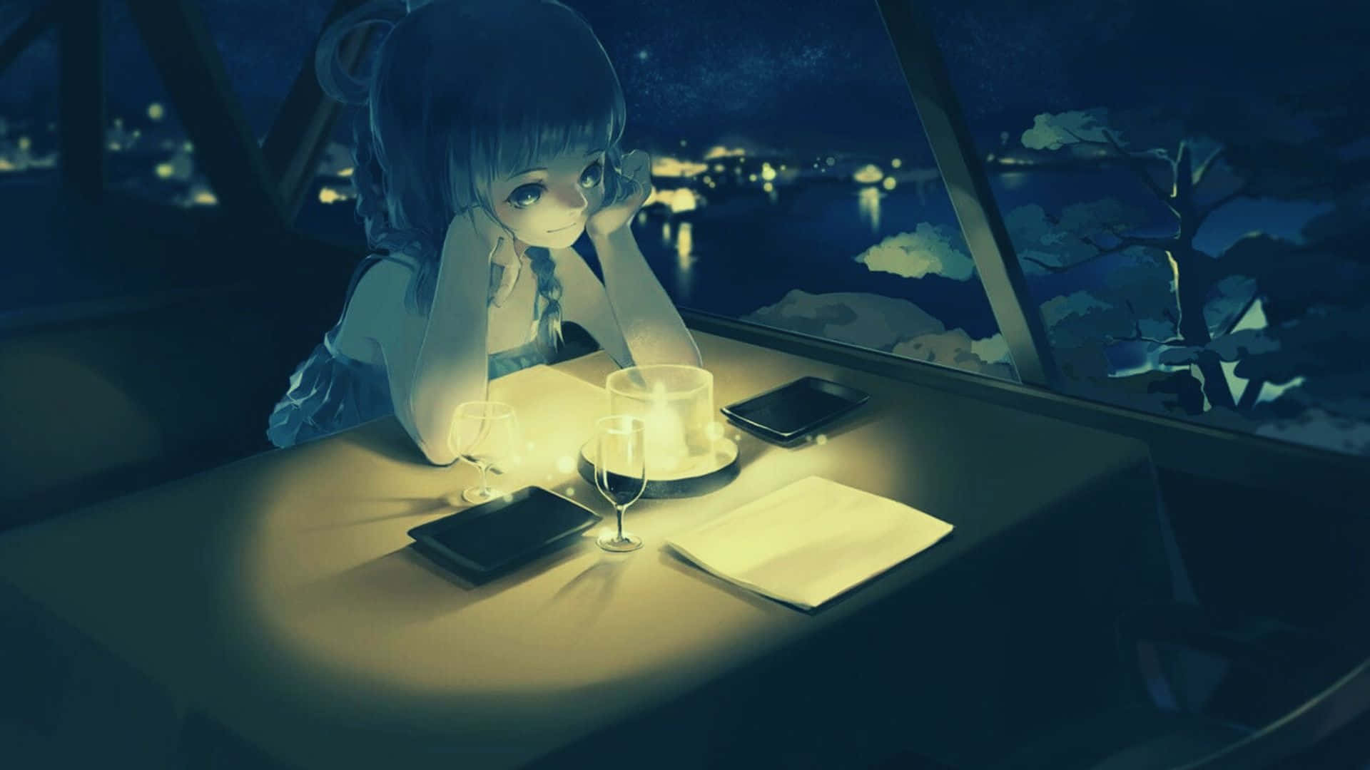 ایک جدید کافی کیفے جو anime ڈیزائن سے متاثر ہے۔ وال پیپر