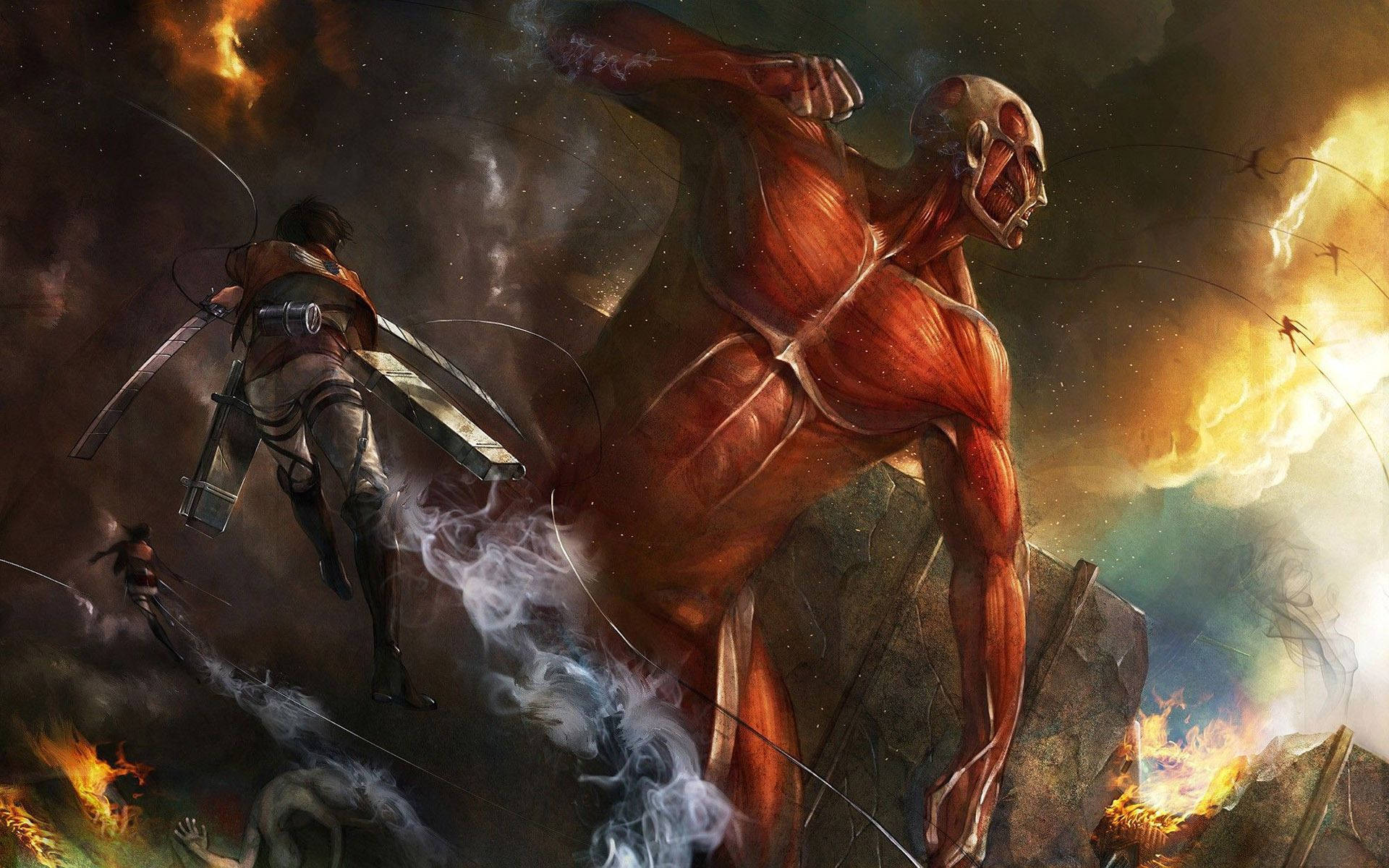 Attack on Titan فین آرٹ وال پیپر میں سروے کور اور گیریژن فوج بہت بڑے ٹائٹن سے لڑ رہی ہے۔