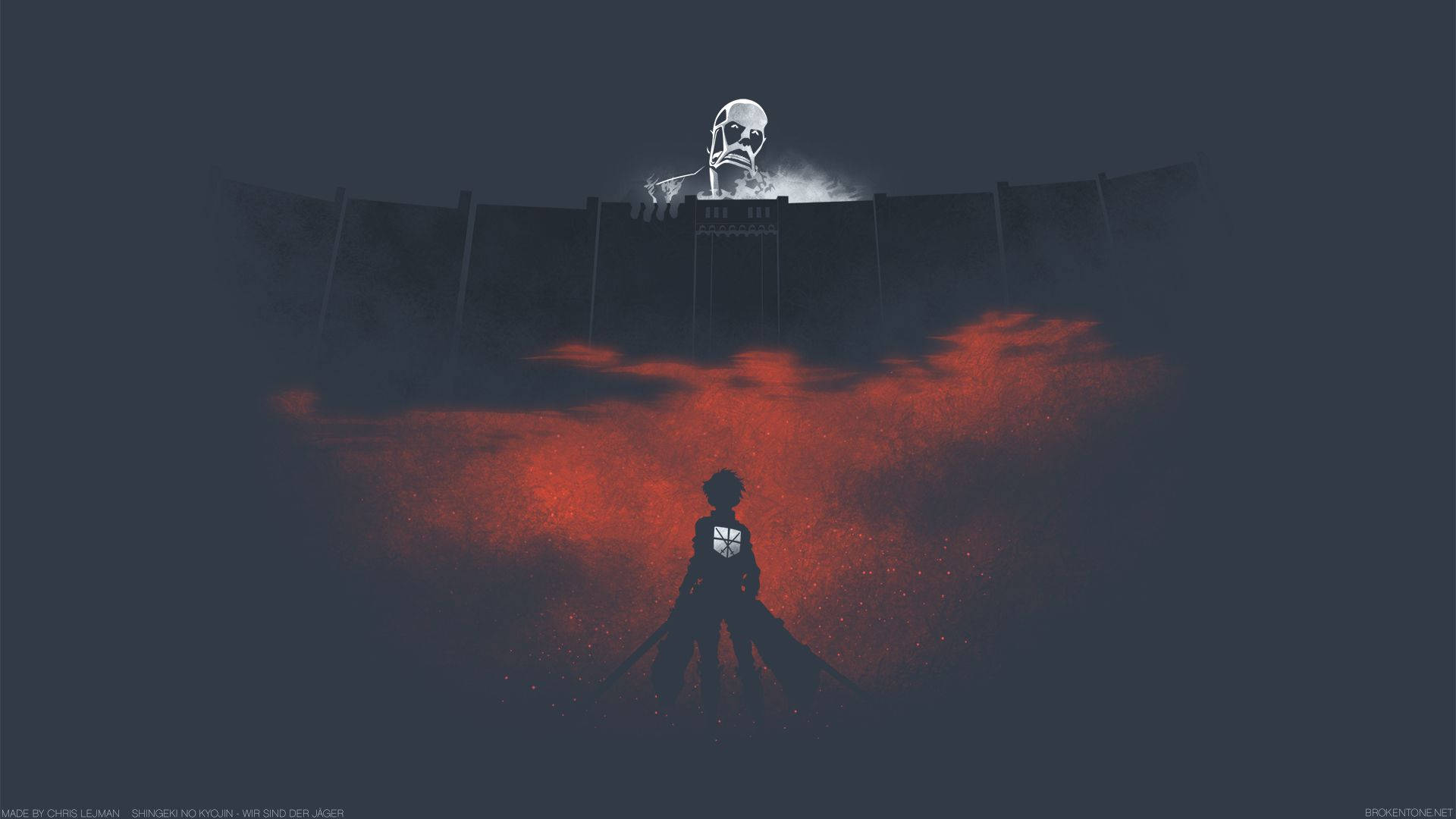 Attack on Titan ڈیجیٹل آرٹ وال پیپر میں ایرن دیوار کے سامنے ہے اور بہت بڑا ٹائٹن جھانک رہا ہے۔