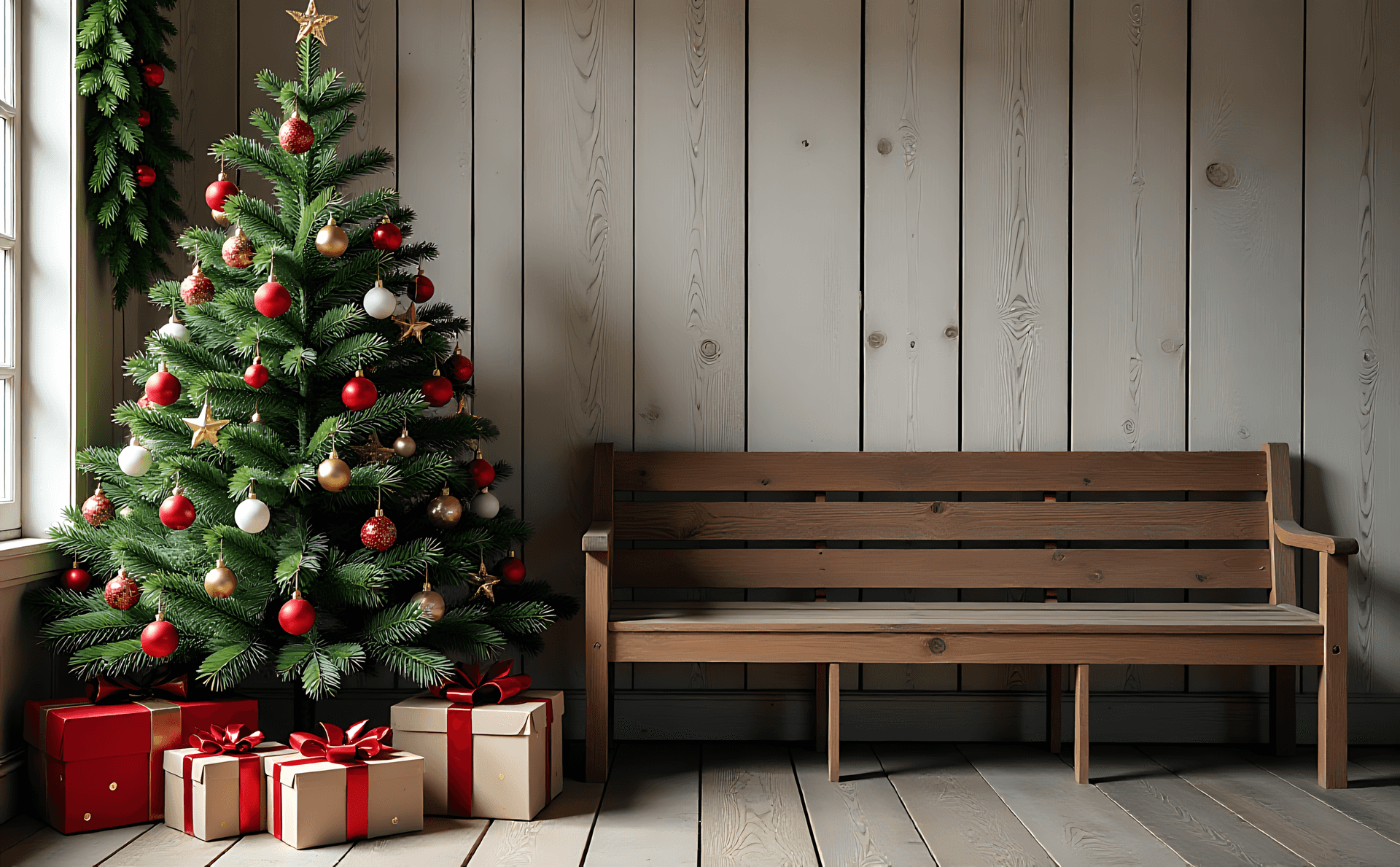 بینچ، کرسمس، درخت، تحفے، آرام دہ، چھٹی، سجاوٹ، اندرونی، دیودار، موسمی، تہوار، زیورات، جشن، گرم، دیہاتی
