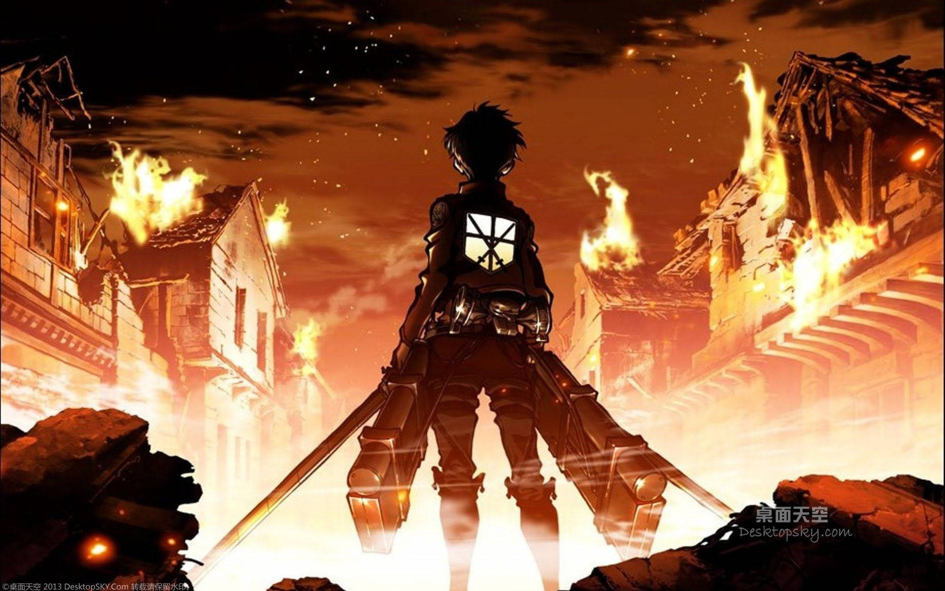 Attack on Titan فین آرٹ وال پیپر میں ایرن جلتے گاؤں کے گھروں کا سامنا کر رہا ہے