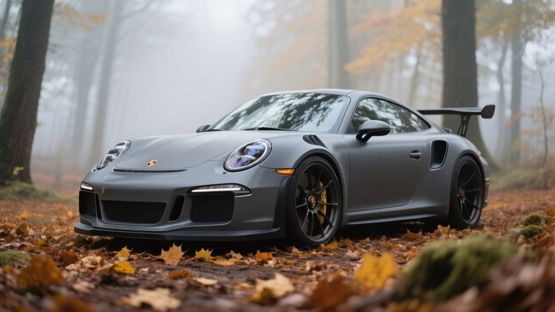 مٹیالا سرمئی پورش 911 GT3 RS خزاں کے جنگل میں