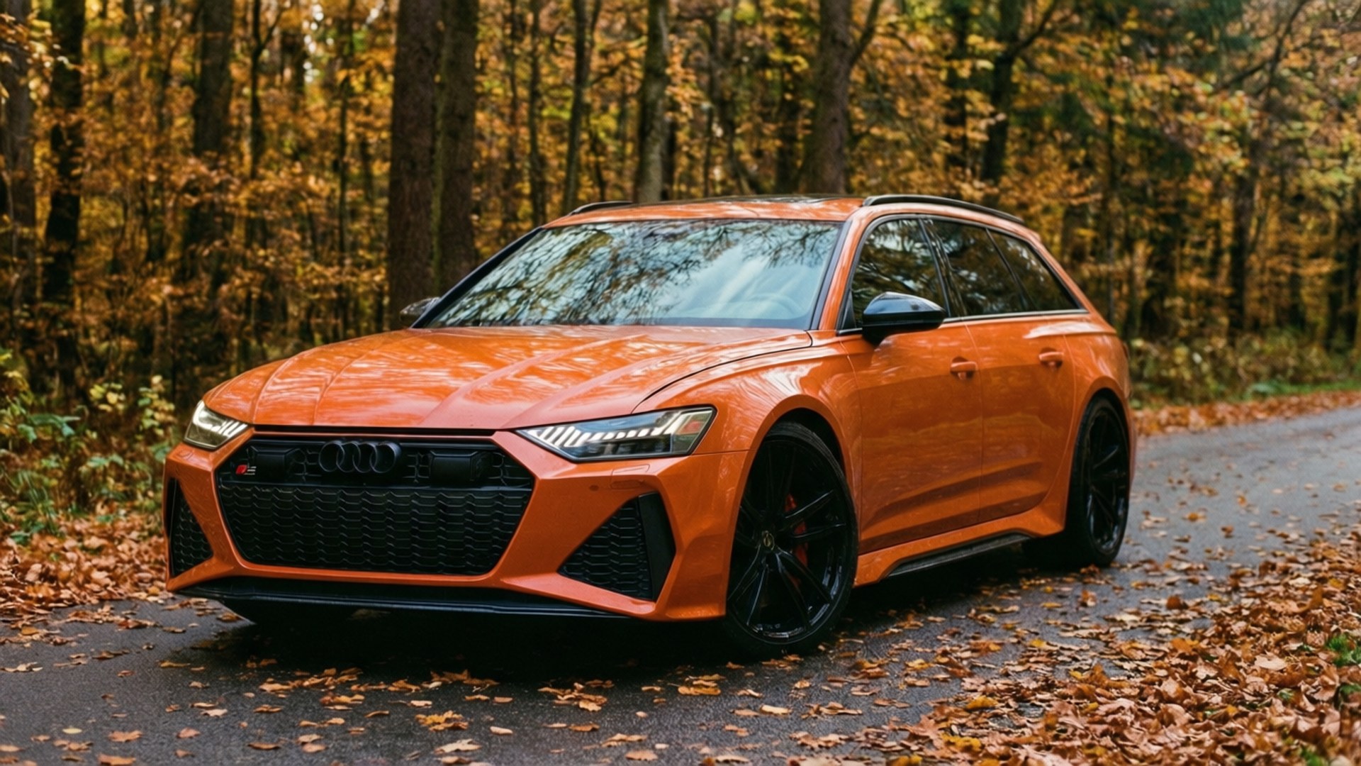 ایک نارنجی Audi RS6 Avant خزاں کے جنگلاتی راستے پر گرتے پتوں کے ساتھ۔