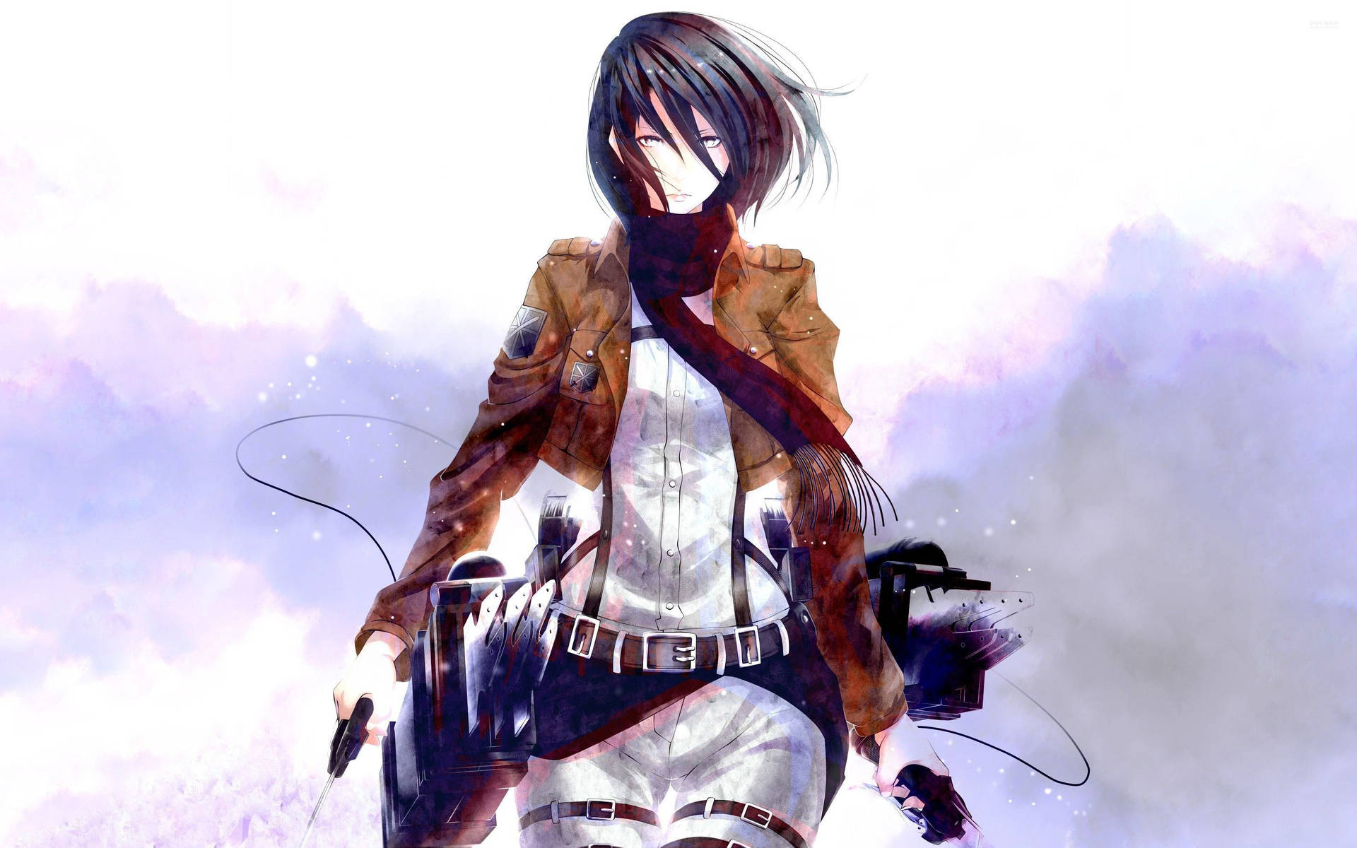 Attack on Titan فین آرٹ وال پیپر میں میکاسا ایکرمین روشن پینٹ شدہ پس منظر میں