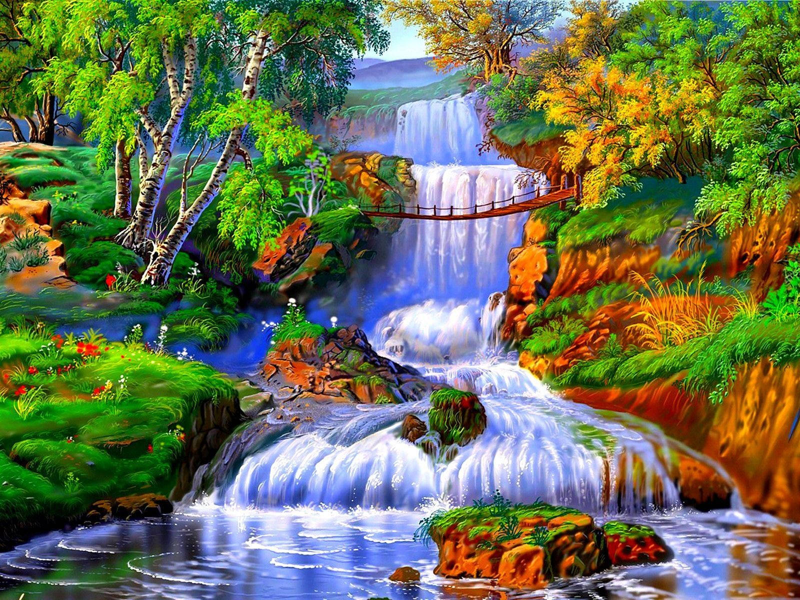 رنگین جنگل خوبصورت آبشار وال پیپر