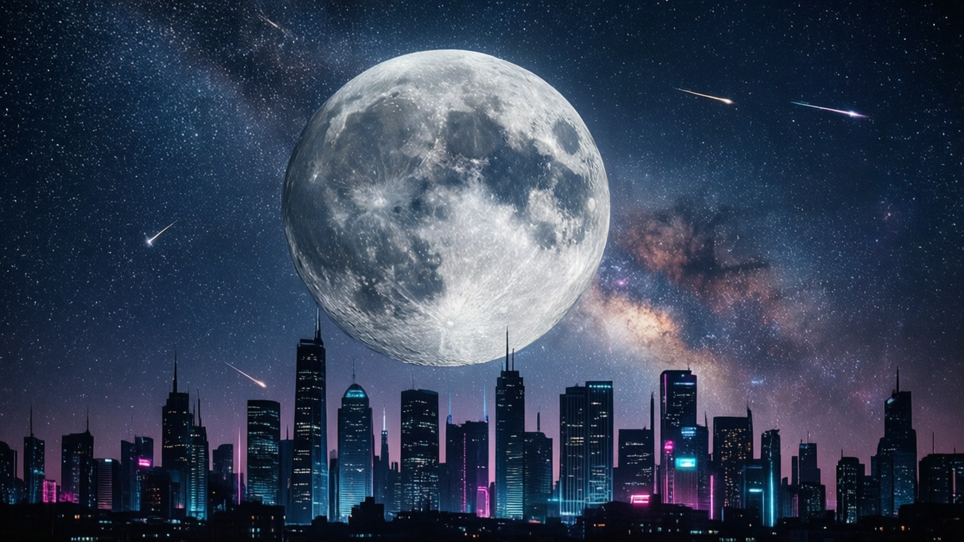 سائبر پنک شہر اور چاند وال پیپر