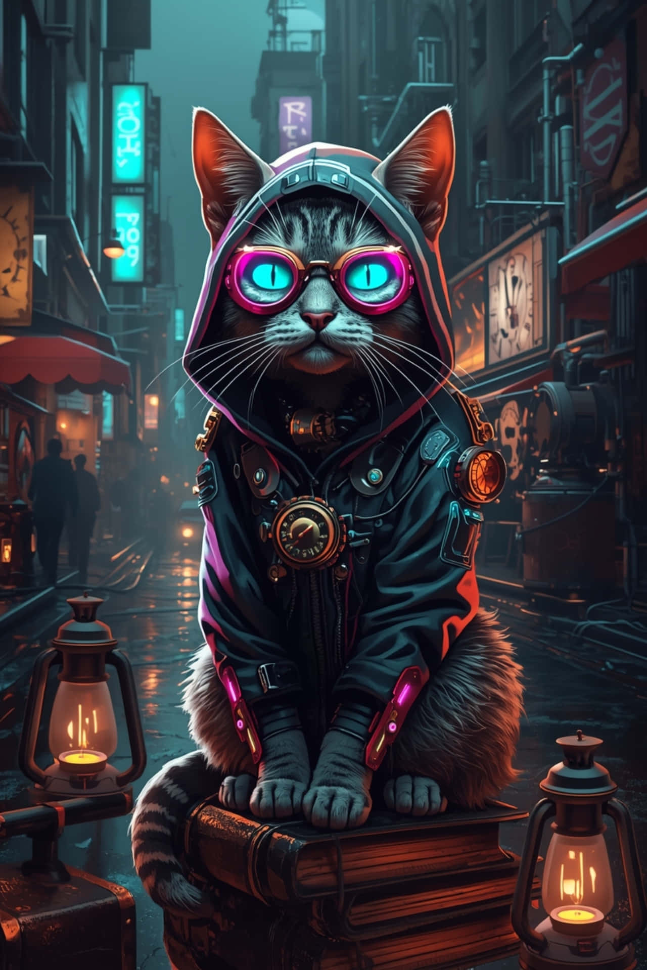 ہوڈی، ٹیک، آرٹ، مستقبل، بلی کا بچہ، اسٹیمپنک، نیون، چشمے، بلی، سائبرپنک
