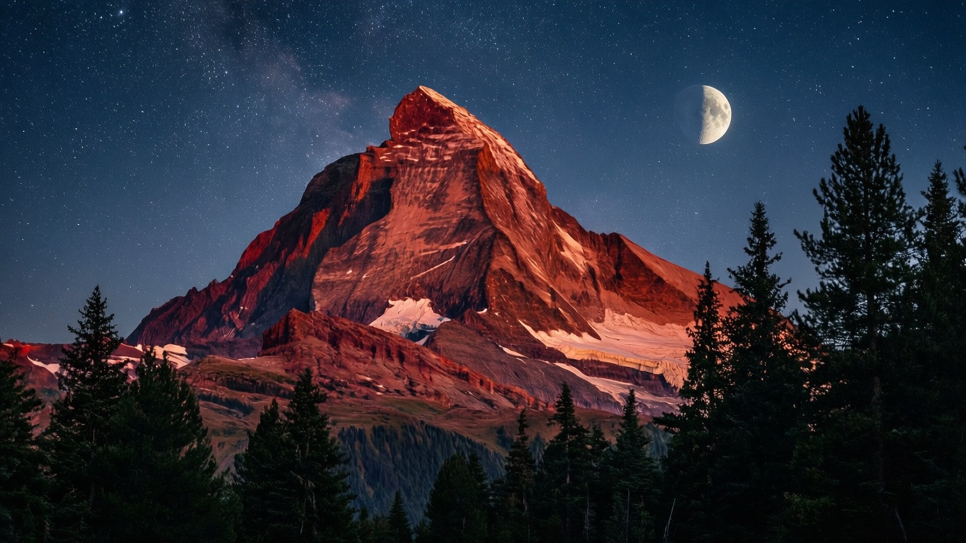 ستاروں بھری سرخ چوٹی وال پیپر