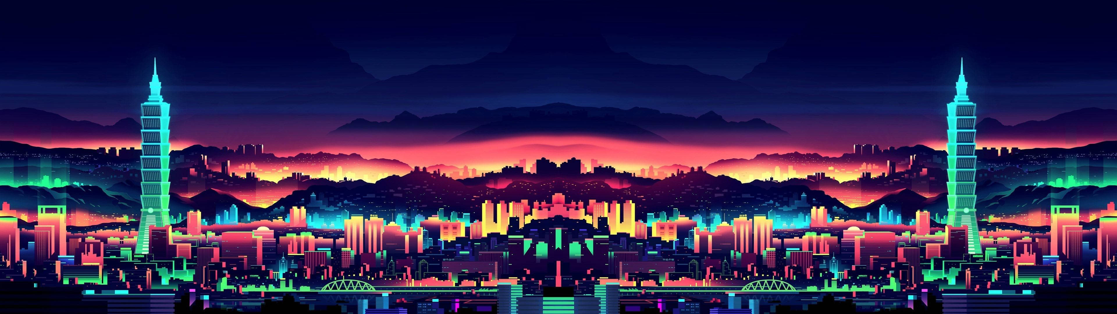 3840x1080 HD ڈوئل مانیٹر سٹی آرٹ