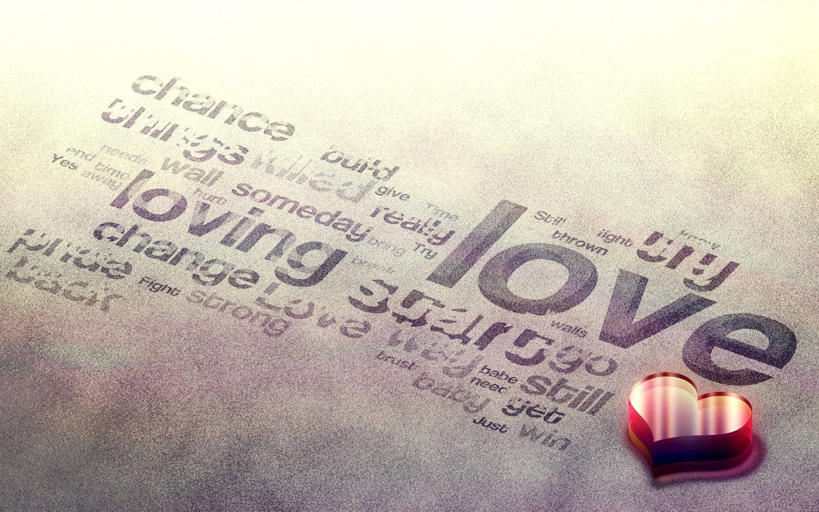 محبت کے مختلف الفاظ جیسے "loving" ایک سرمئی سطح پر لکھے ہوئے ہیں جس کے ساتھ ایک چمکدار سرخ 3D دل ہے۔