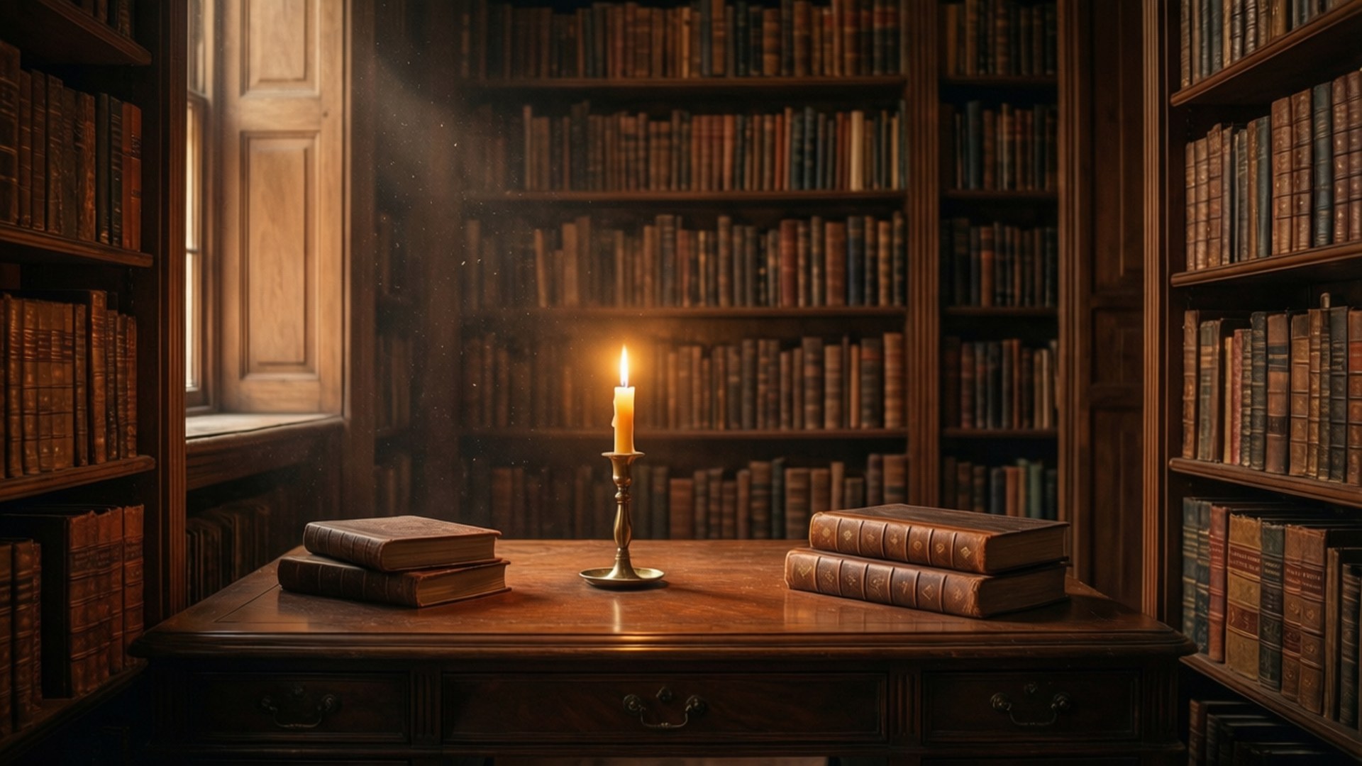 موم بتی کی روشنی میں لائبریری کا مطالعہ وال پیپر