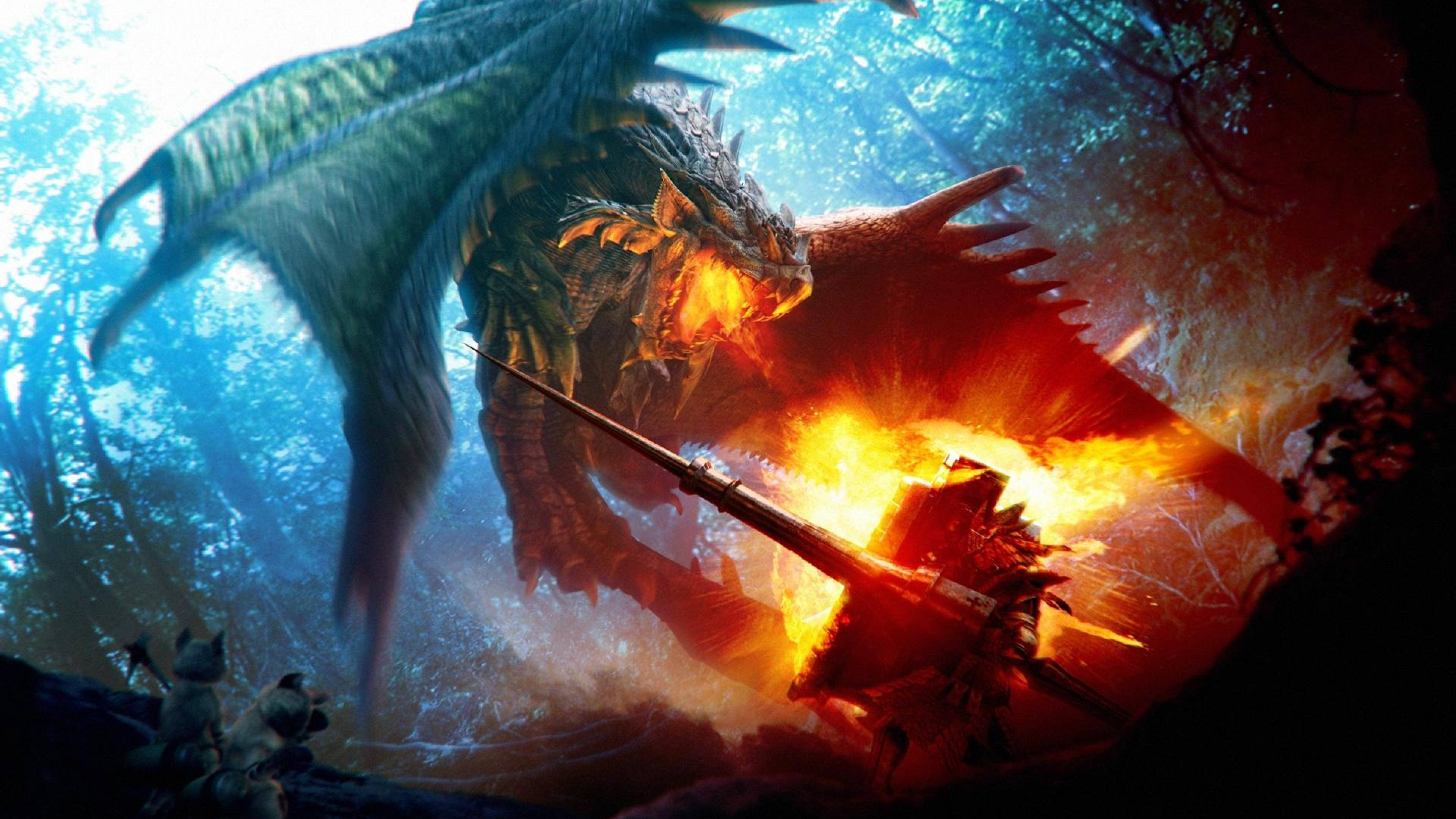مونسٹر ہنٹر 4K ڈریگن فائر وال پیپر