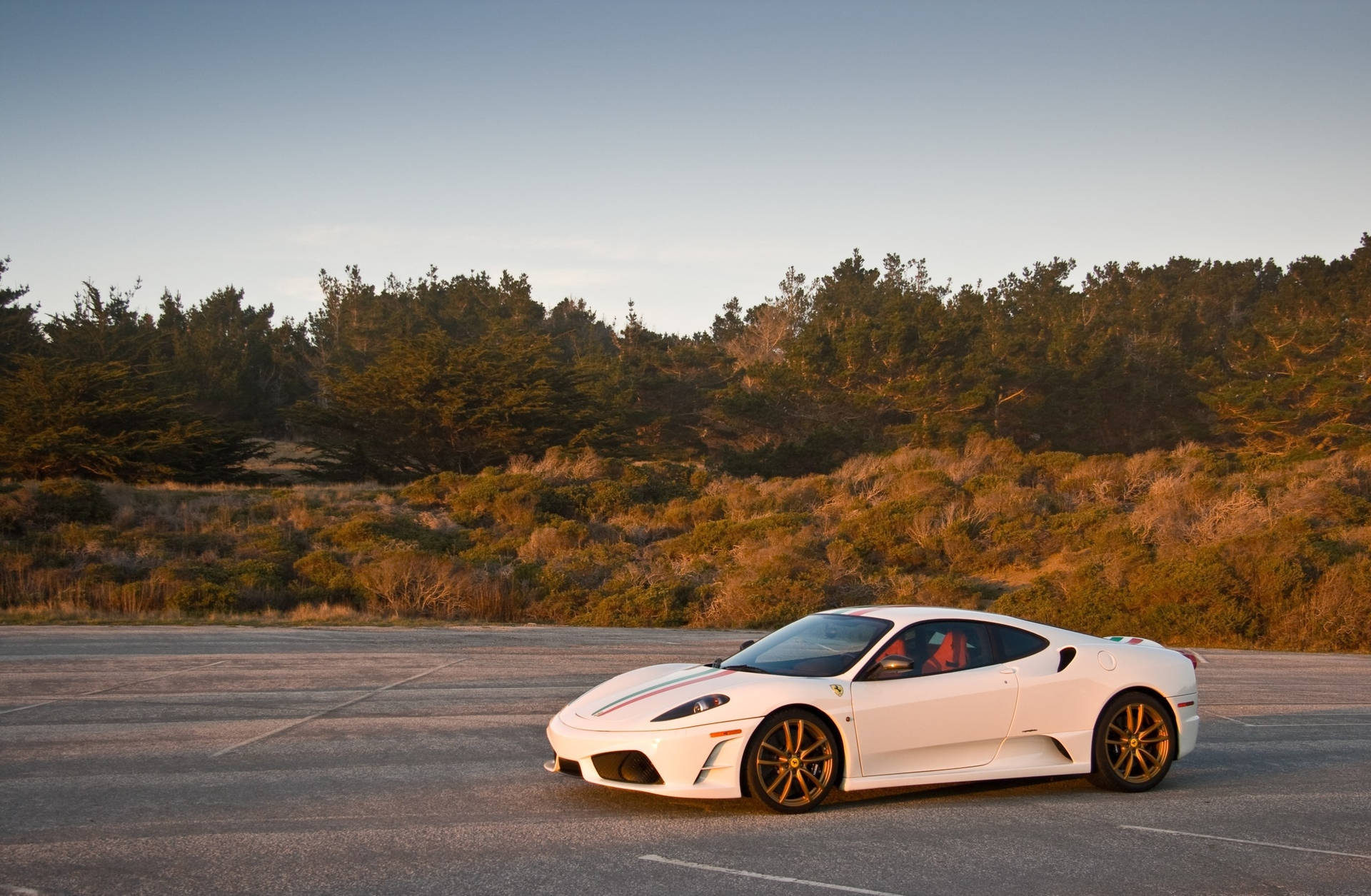 سفید Ferrari F430 Scuderia سڑک پر کھڑی وال پیپر۔