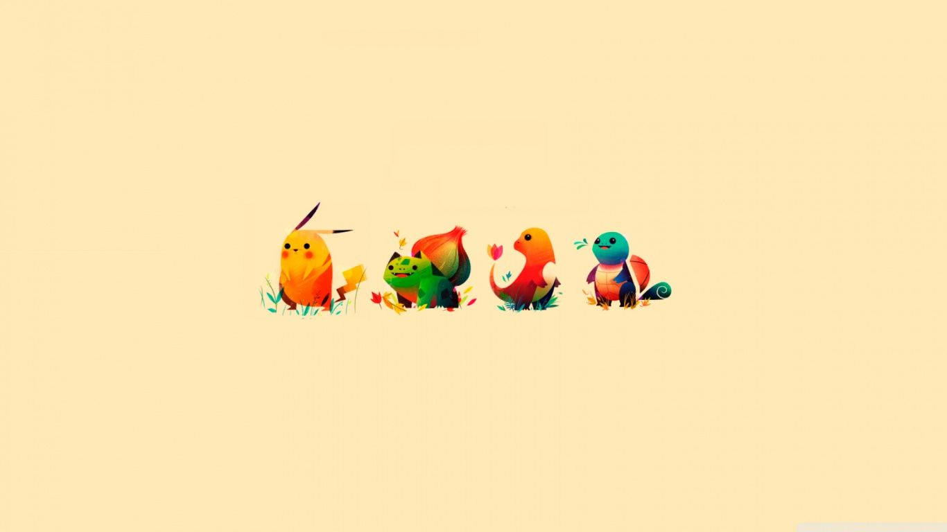 پیارے Chibi Pikachu، Bulbasaur، Charmander اور Squirtle کا کم سے کم آرٹ وال پیپر۔