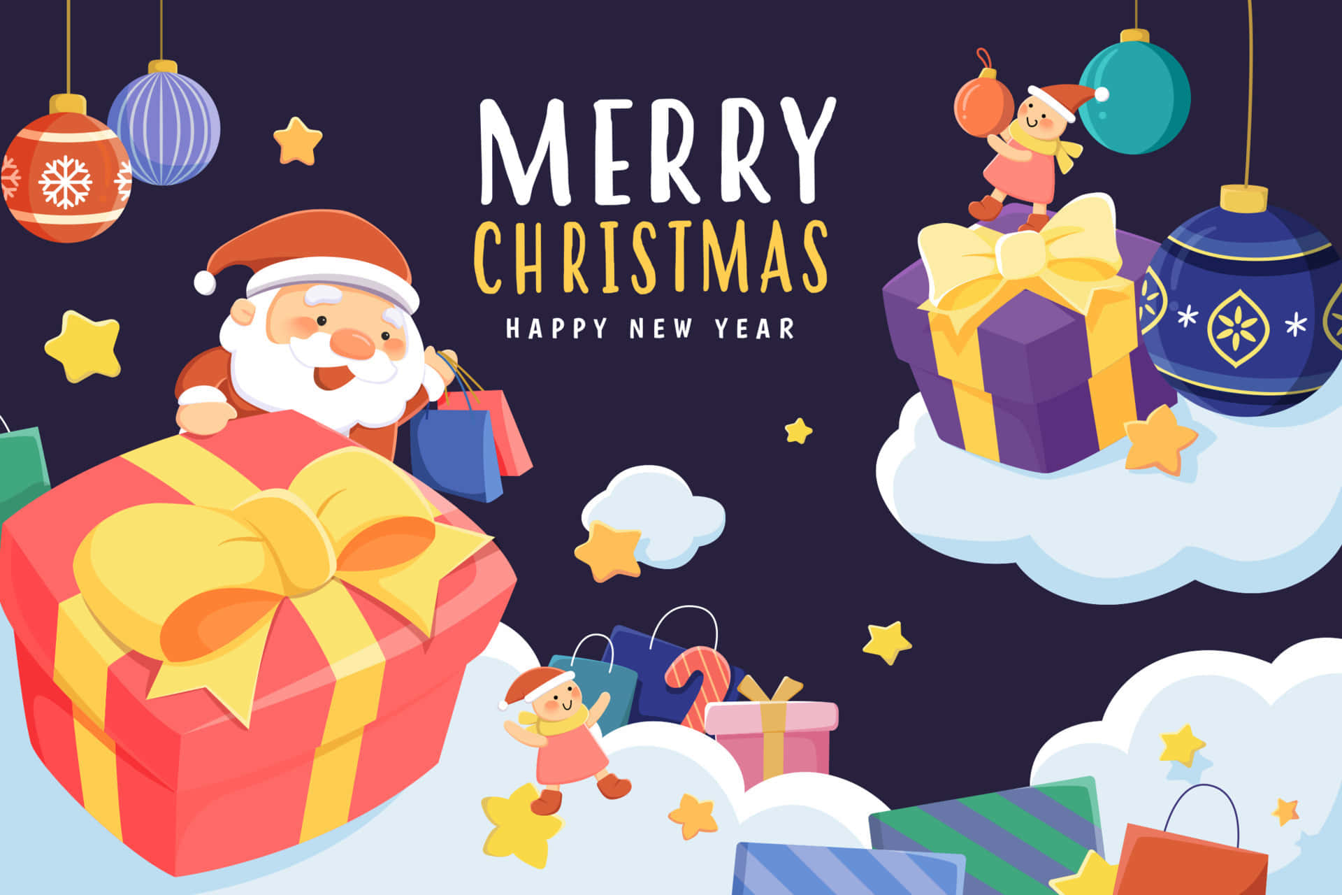 کرسمس یلفز، سانتا اور تحائف کے ساتھ گریٹنگ کارڈ وال پیپر