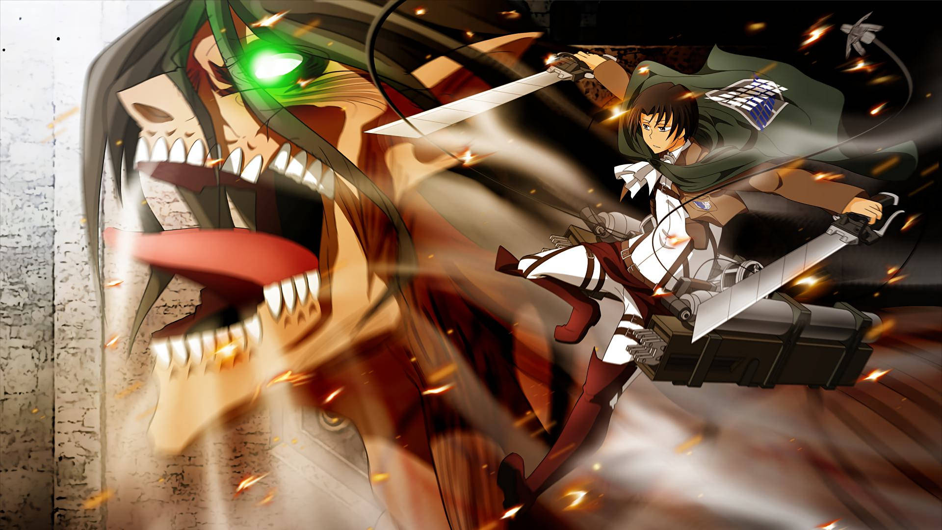 Attack On Titan فین آرٹ وال پیپر میں لیوی اپنے ODM گیئر میں ایرن کے اٹیک ٹائٹن فارم کے پاس ہے۔