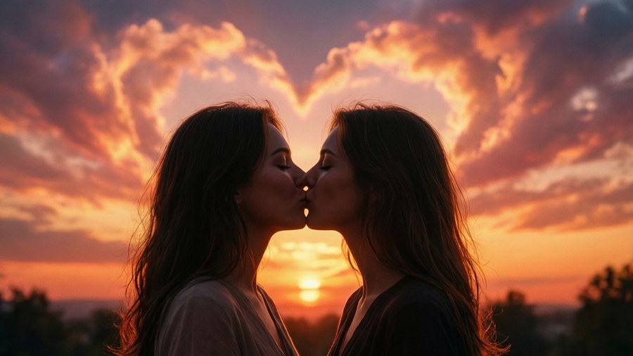 غروب آفتاب کے وقت دل کی شکل کے بادلوں کے ساتھ رومانوی LGBTQ+ جوڑے کا سایہ دار بوسہ۔