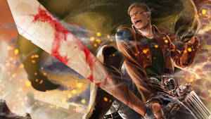 Attack on Titan فین آرٹ وال پیپر میں رینر براؤن سروے کور کی وردی میں خون سے لتھڑی تلوار پکڑے ہوئے