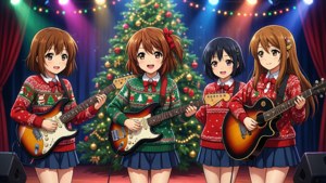 K-On! لڑکیاں اسٹیج پر کرسمس کنسرٹ پیش کر رہی ہیں — اینی می کرسمس وال پیپر