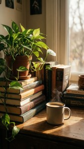 کتابوں، کافی اور پودوں کے ساتھ آرام دہ پڑھنے کی جگہ — آزاد جمالیاتی متحرک تصویر وال پیپر